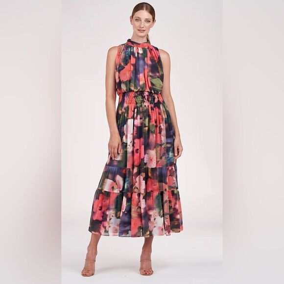 Kay Unger Leilani Hibiscus Print Blouson Maxi $388 Dress in Bright Coral Size 8 - Picture 1 of 8